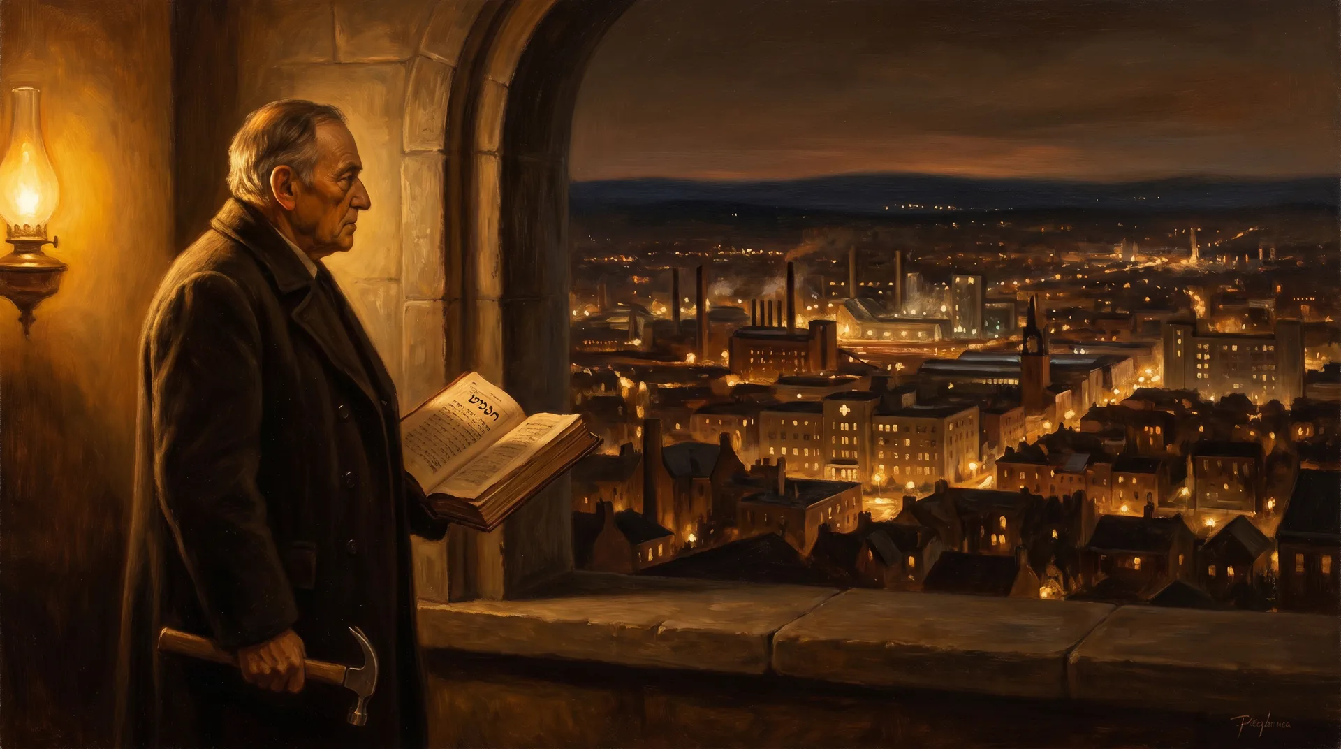 A builder at a window at dusk with a measuring rod in one hand and an open sefer in the other