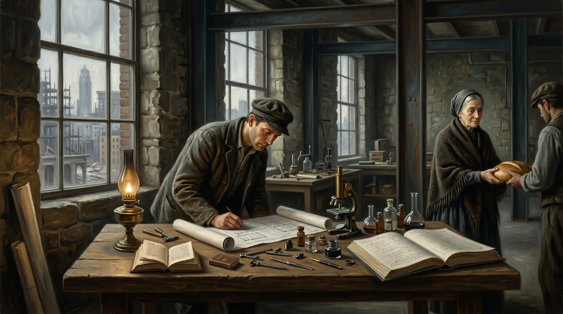 A workshop at evening with an open volume of Talmud beside the instruments of modern work