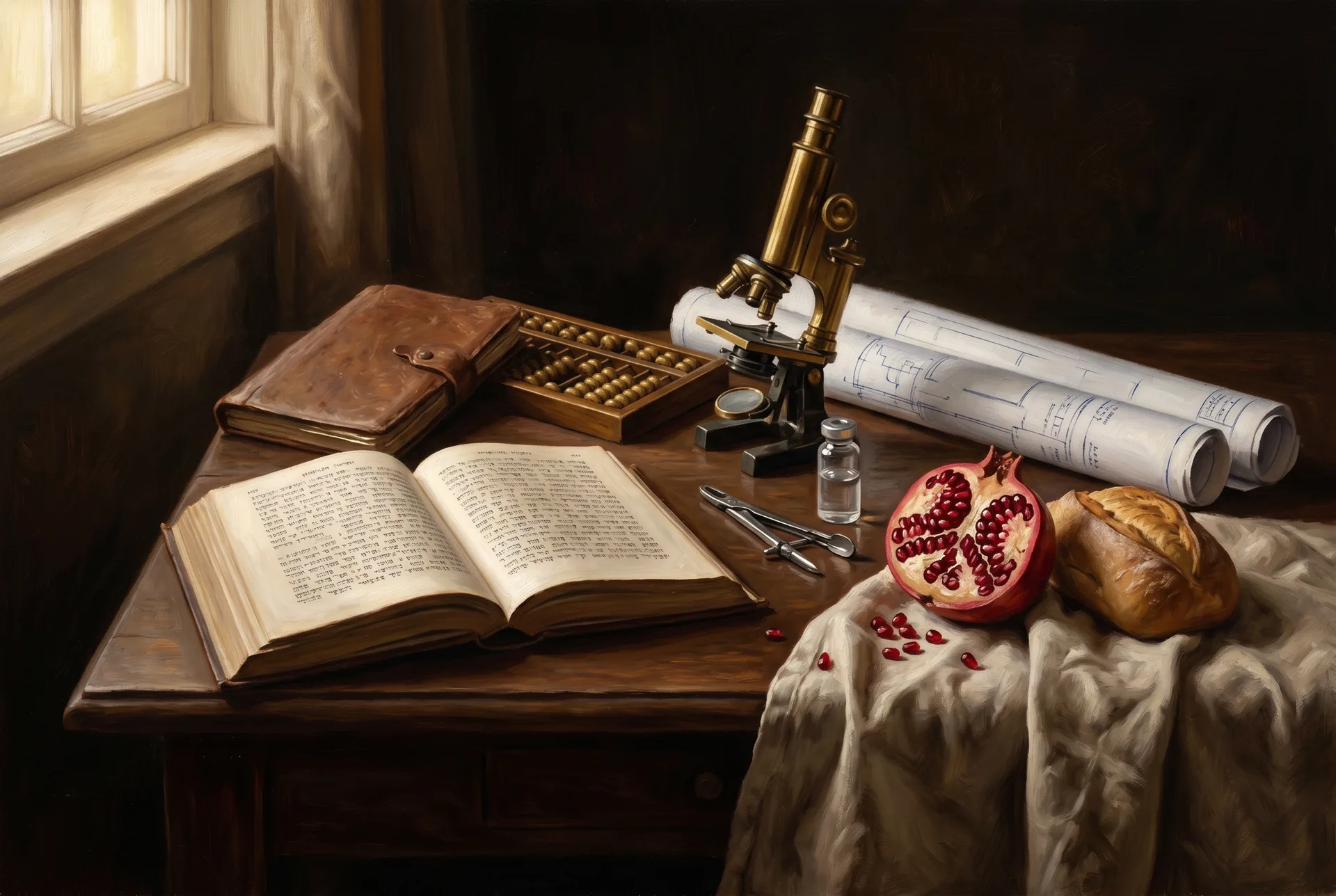 Sefarim, a microscope, a ledger, and working tools arranged on one table