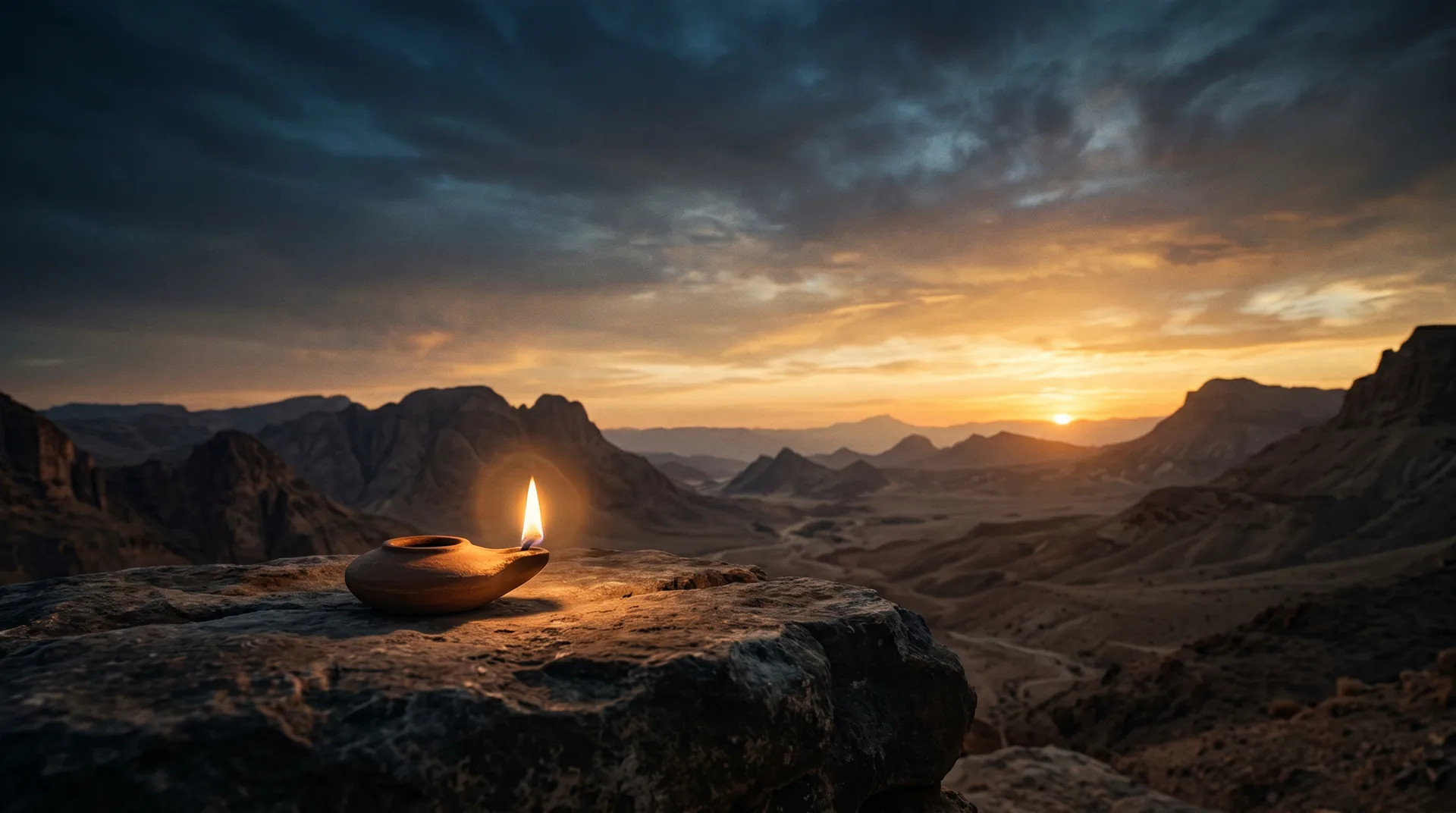 A small oil lamp burning on a stone in a desert valley at sunset