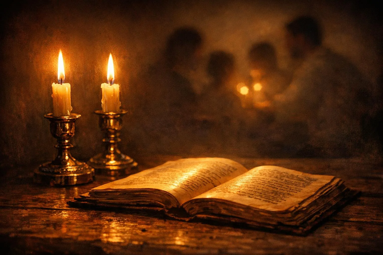 A Shabbat table glowing with candles and bread in a quiet home