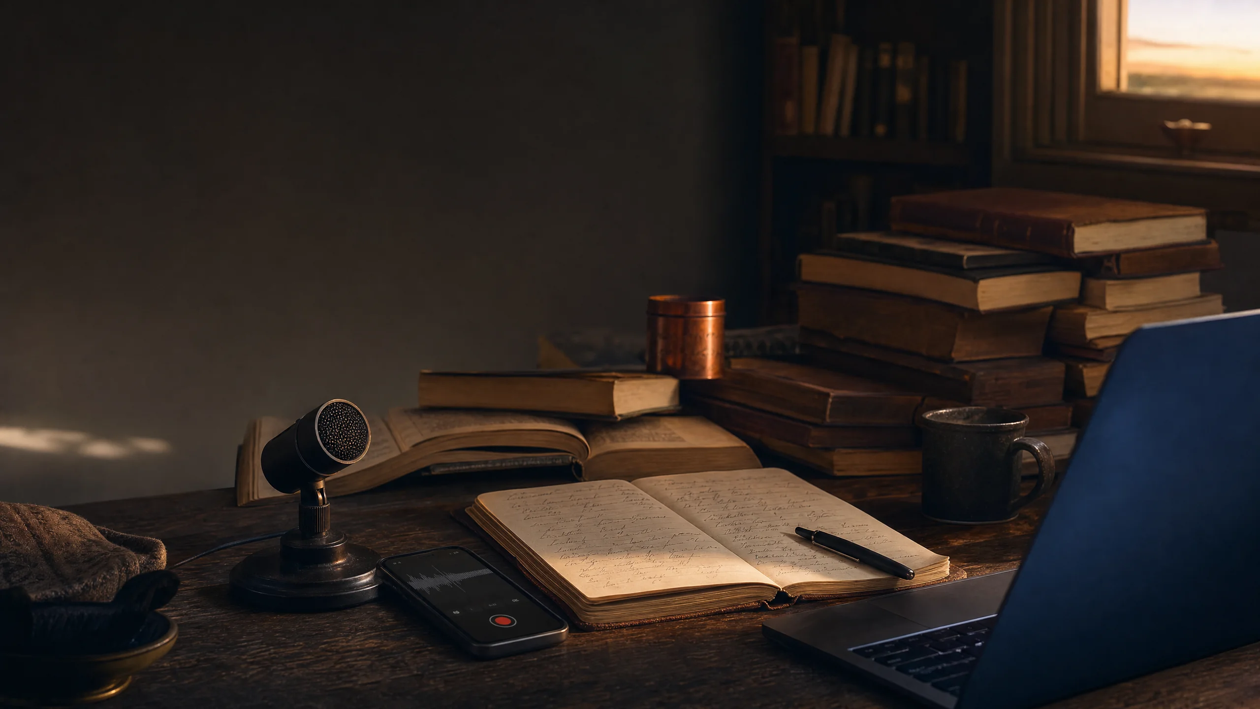 A dawn study table with a microphone, open notebook, worn books, and a laptop at the edge of the frame