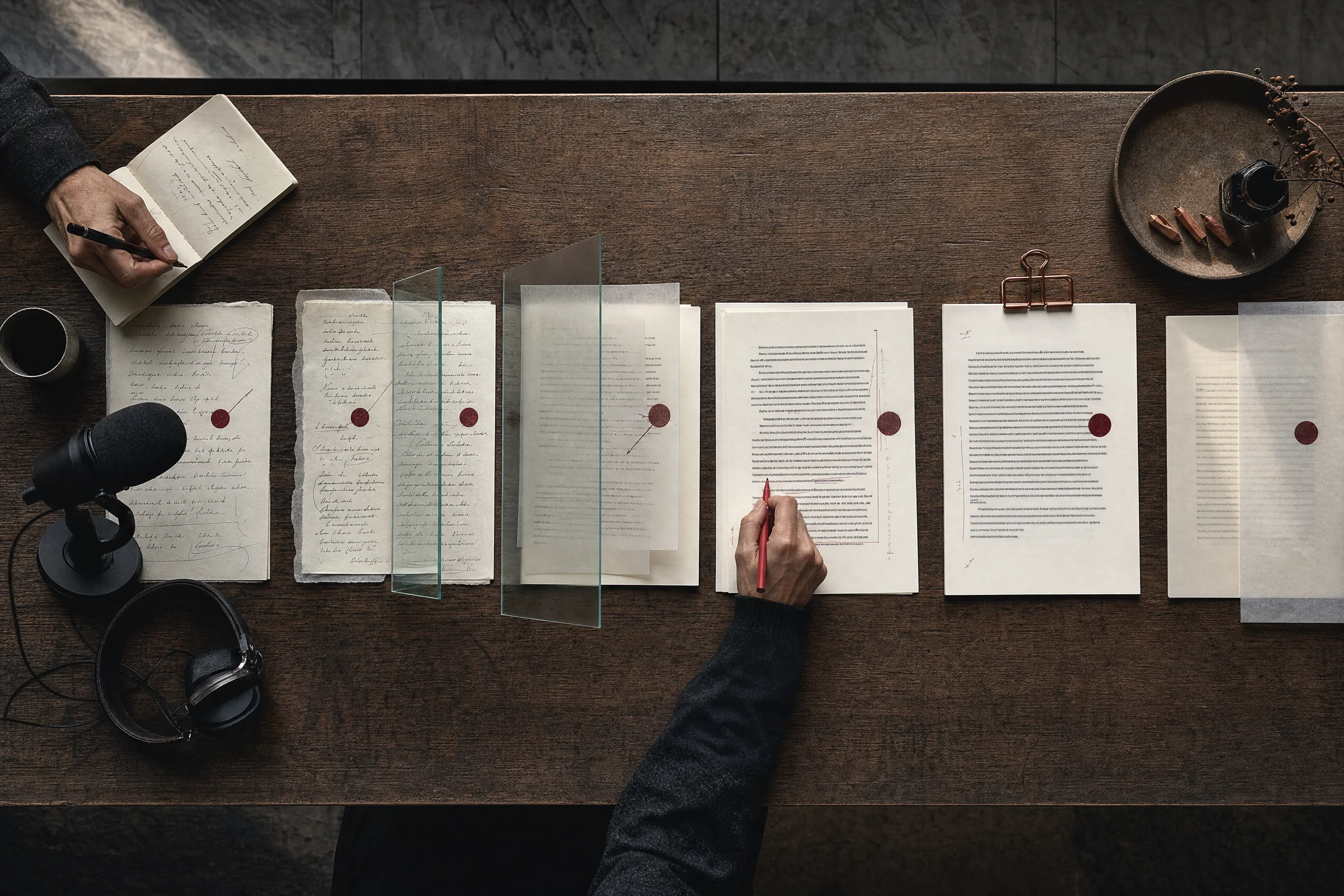 A sequence of draft pages, a microphone, headphones, a red editing pencil, and translucent glass arranged across a long table