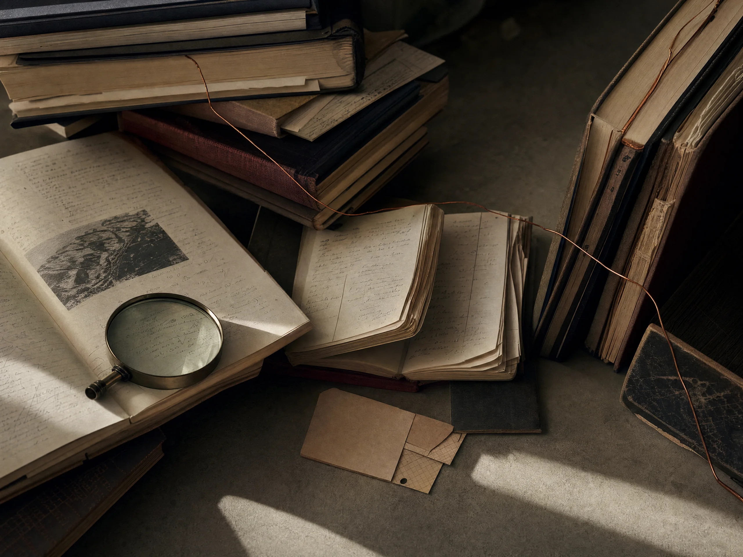 Worn books, open pages, a glass lens, index cards, and a thin copper thread on a library table