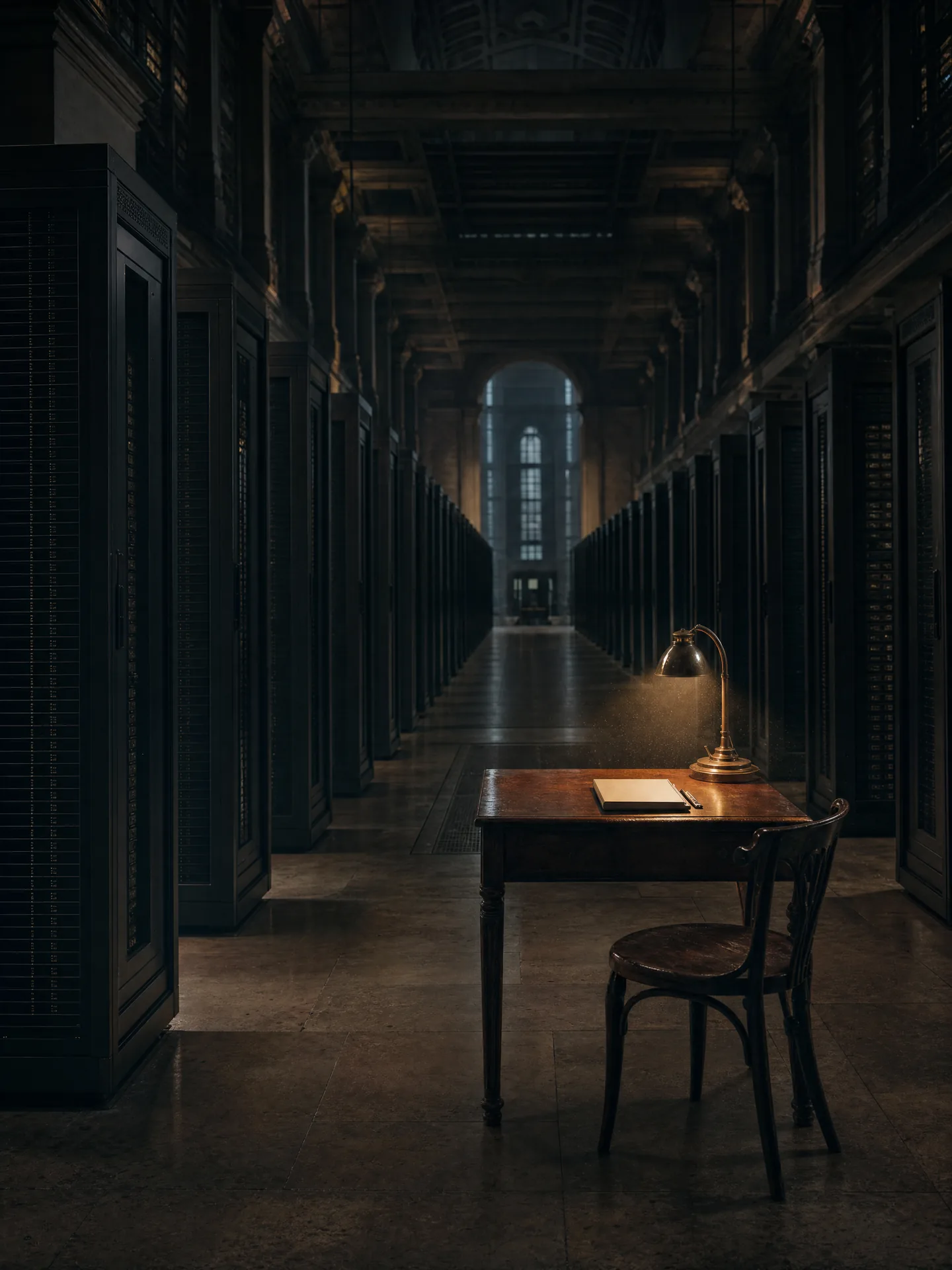 A vast dark data archive facing a small human-scale reading desk in warm light