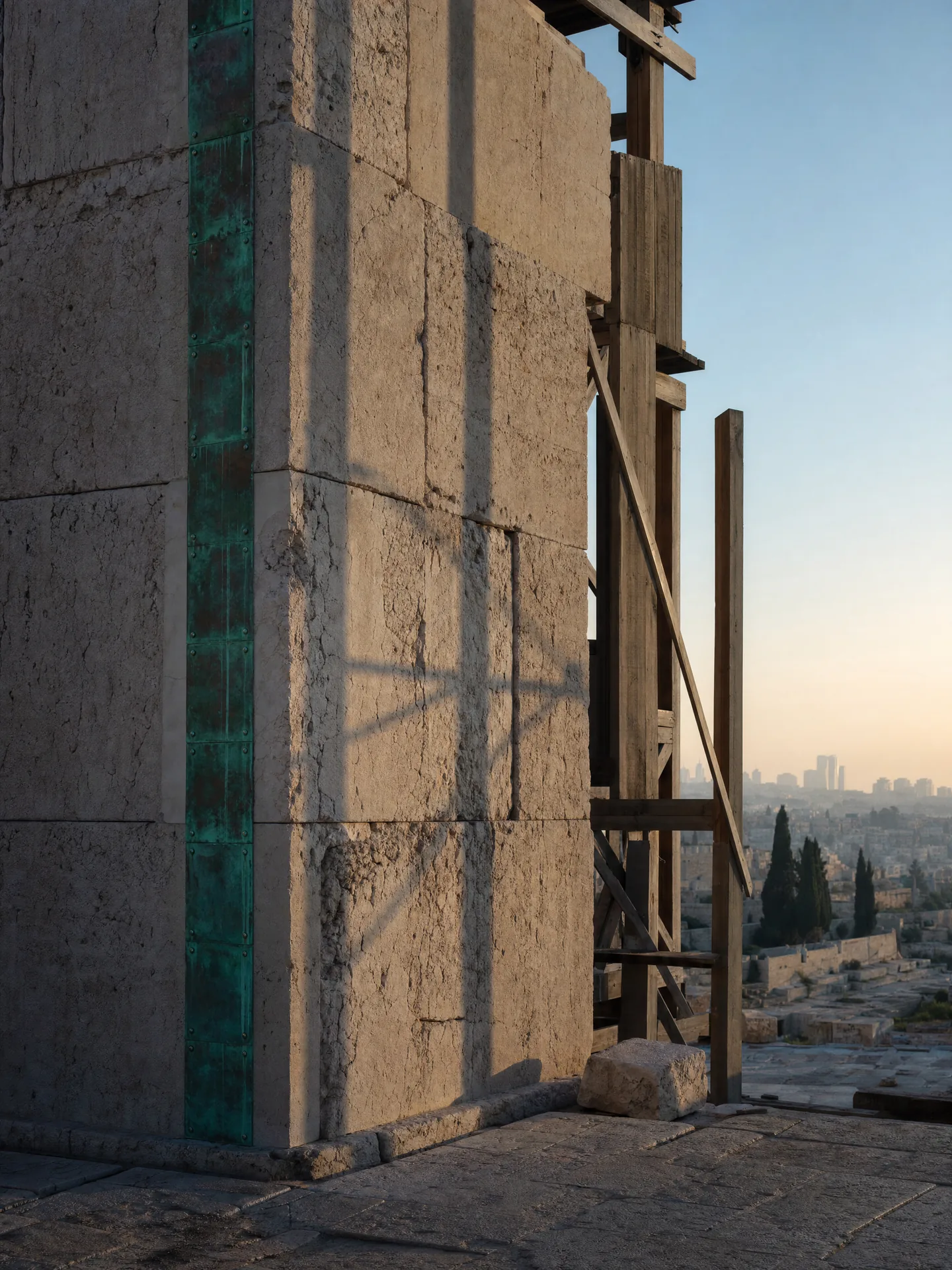A monumental stone wall under repair with a precise aged-copper seam