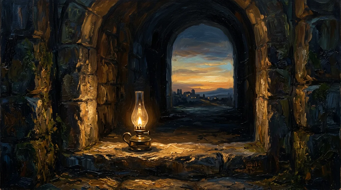 A small lamp burning near a doorway in the dark