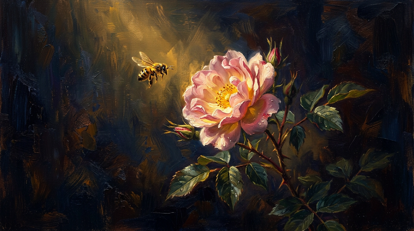 A single rose illuminated by golden light with a bee approaching