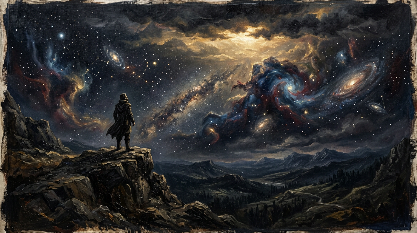 A lone figure beneath a luminous cosmos of ordered stars