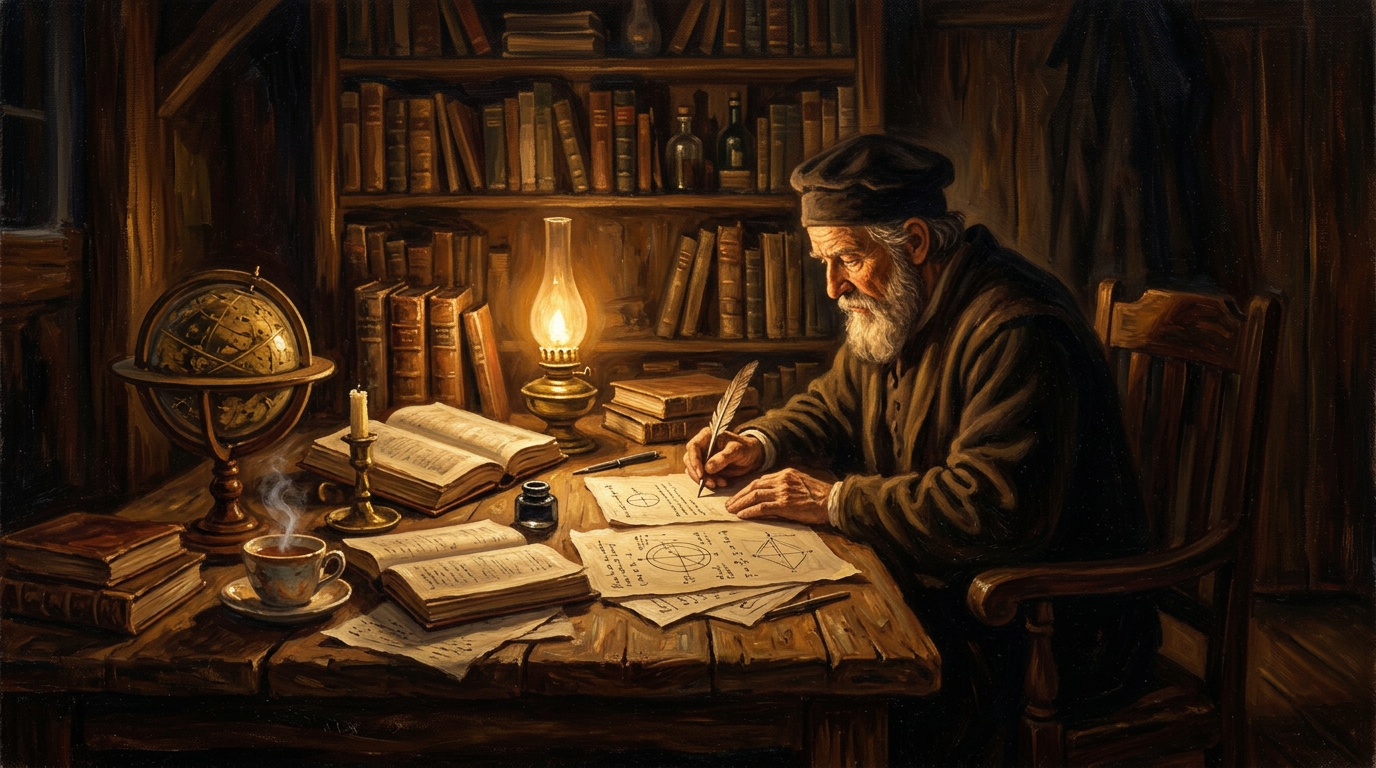 A lamplit study with papers, instruments, and a celestial globe