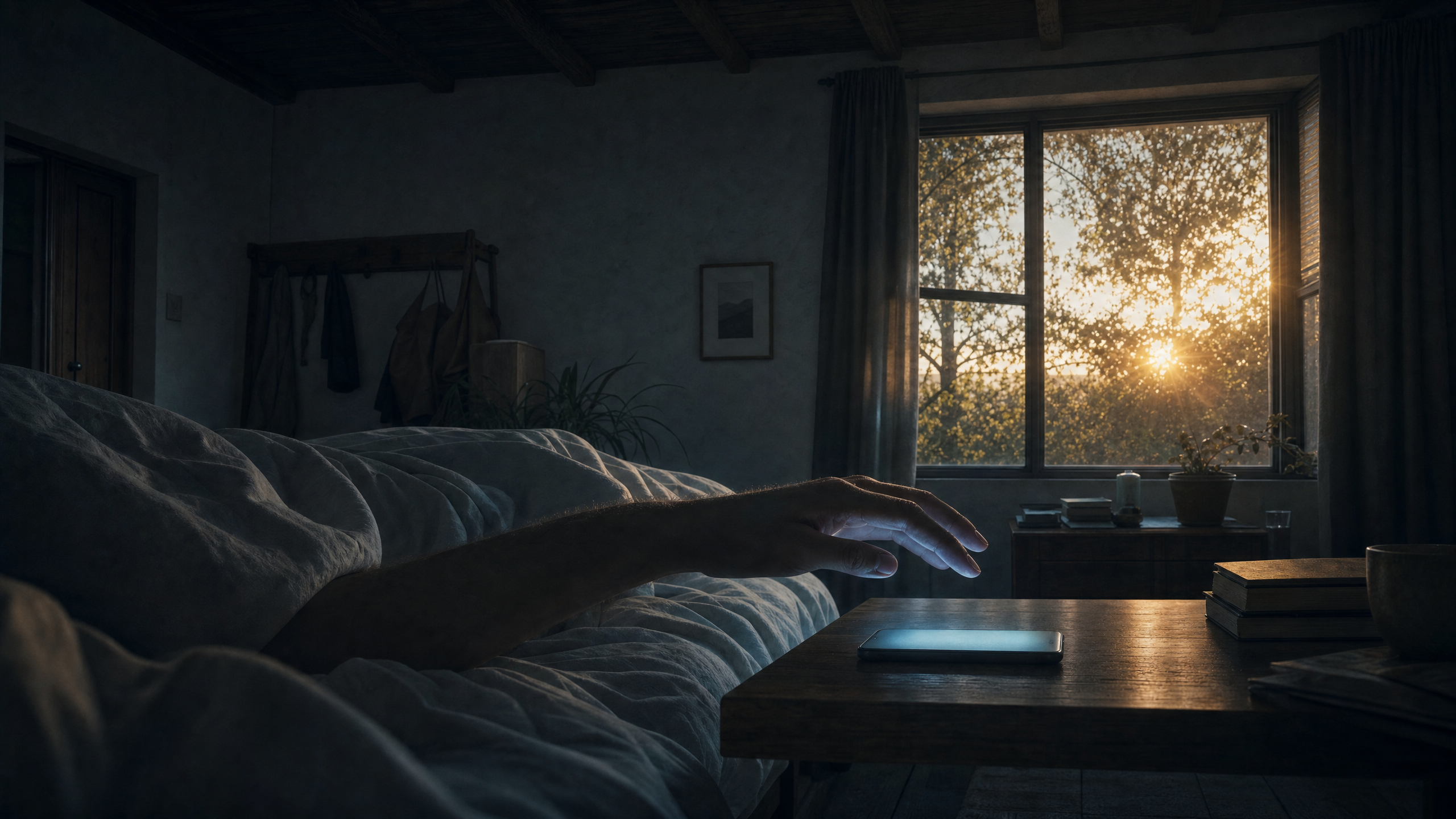 At dawn, a hand hovers between a glowing phone and a real window opening onto the morning