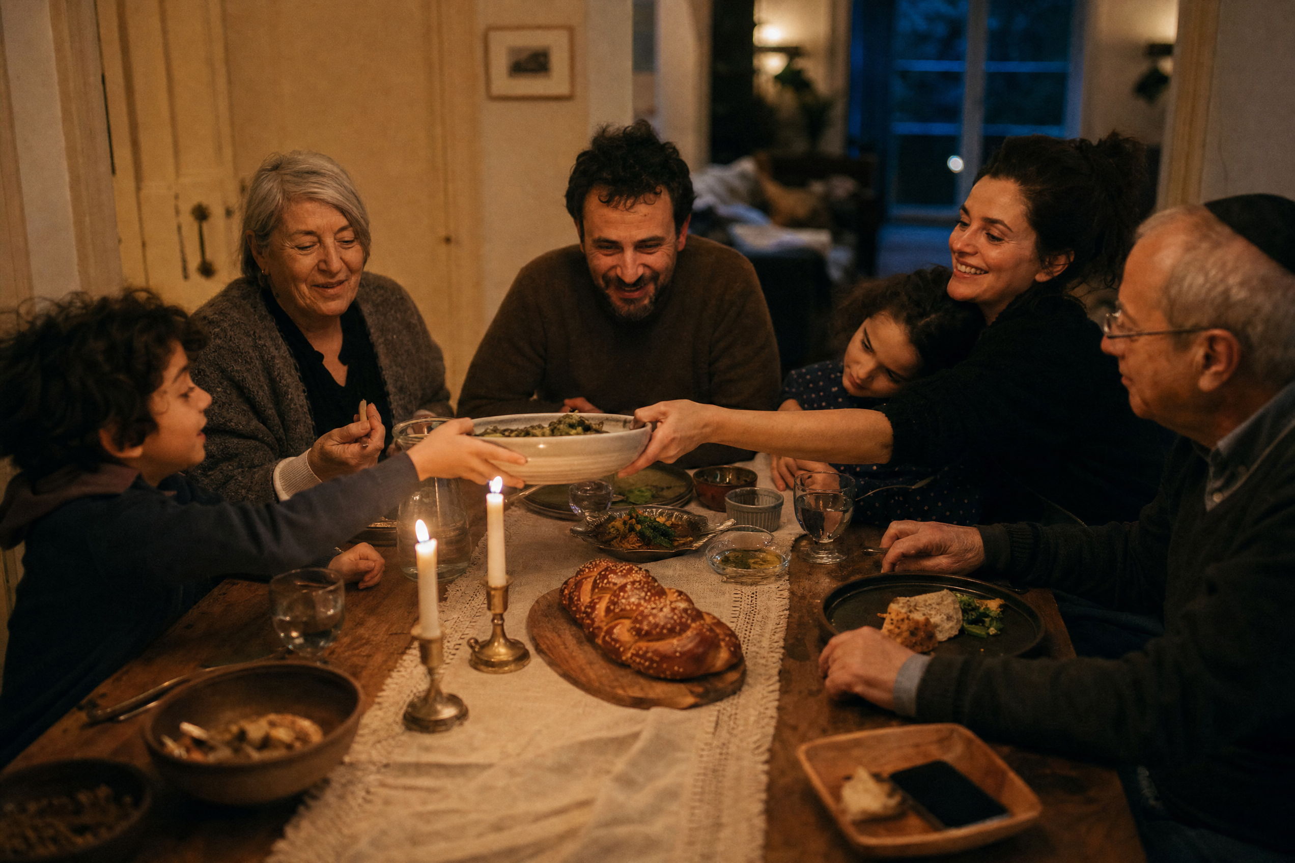 A multigenerational family shares a candlelit meal while a phone rests face down away from the table.