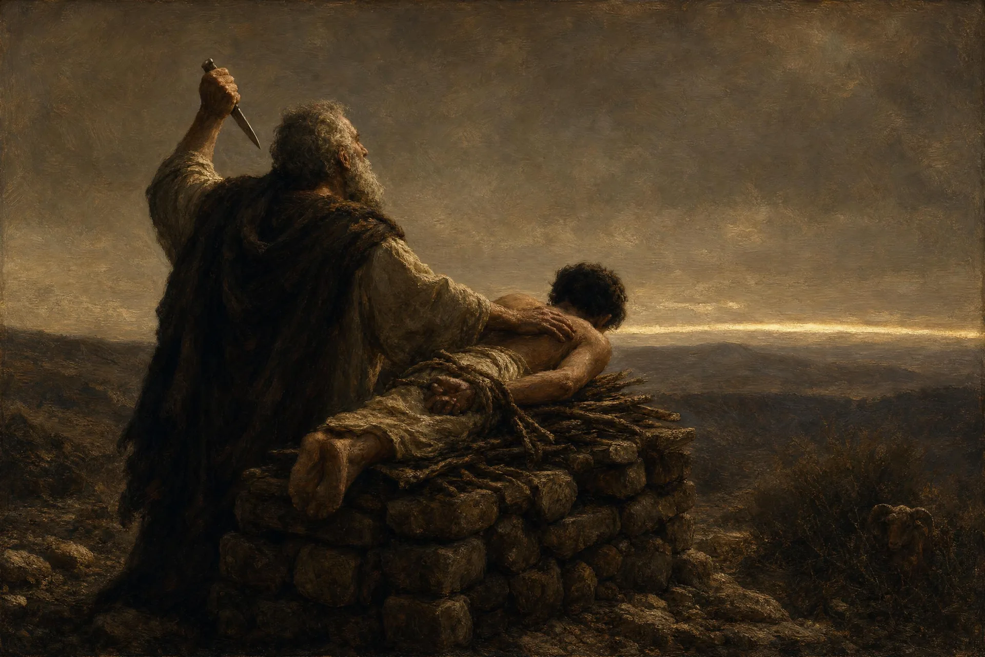 Avraham and Yitzchak on the mountain beneath a darkening sky