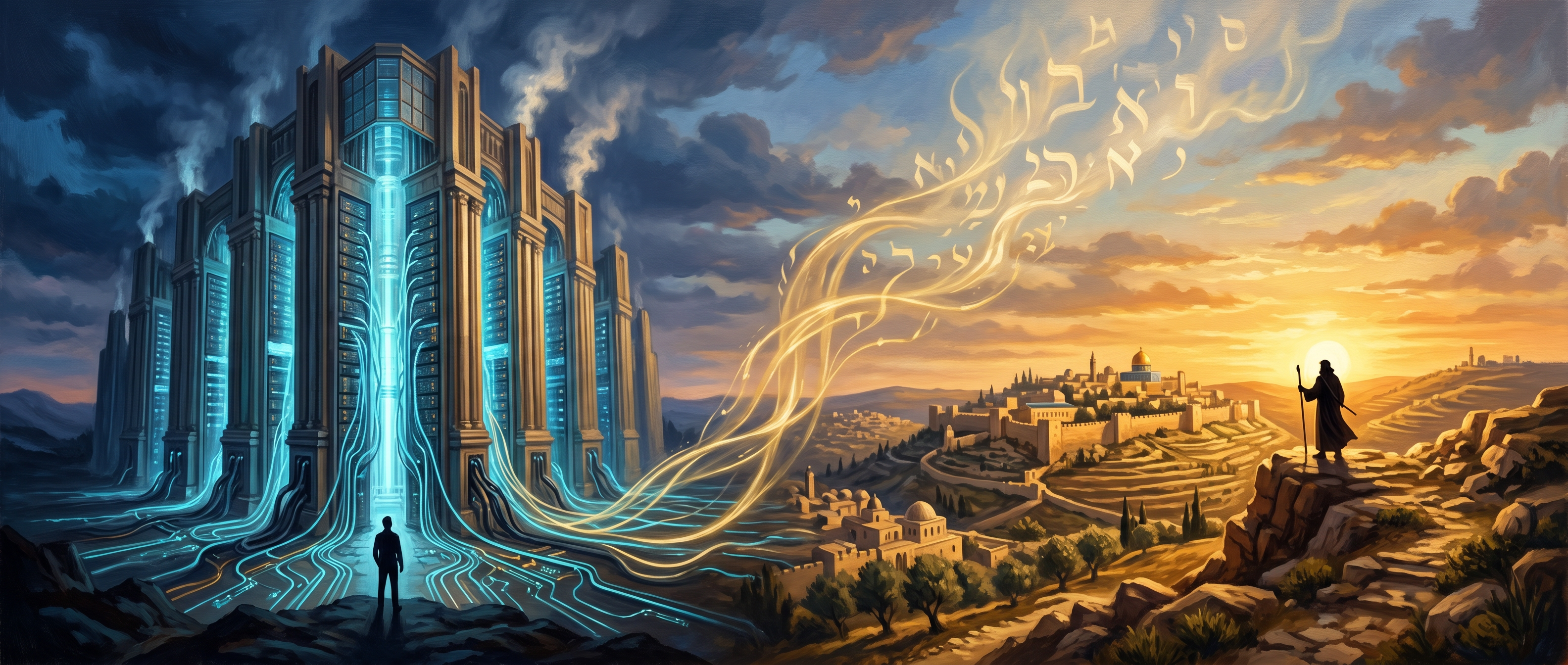 A luminous data center and Jerusalem sharing one horizon at dawn