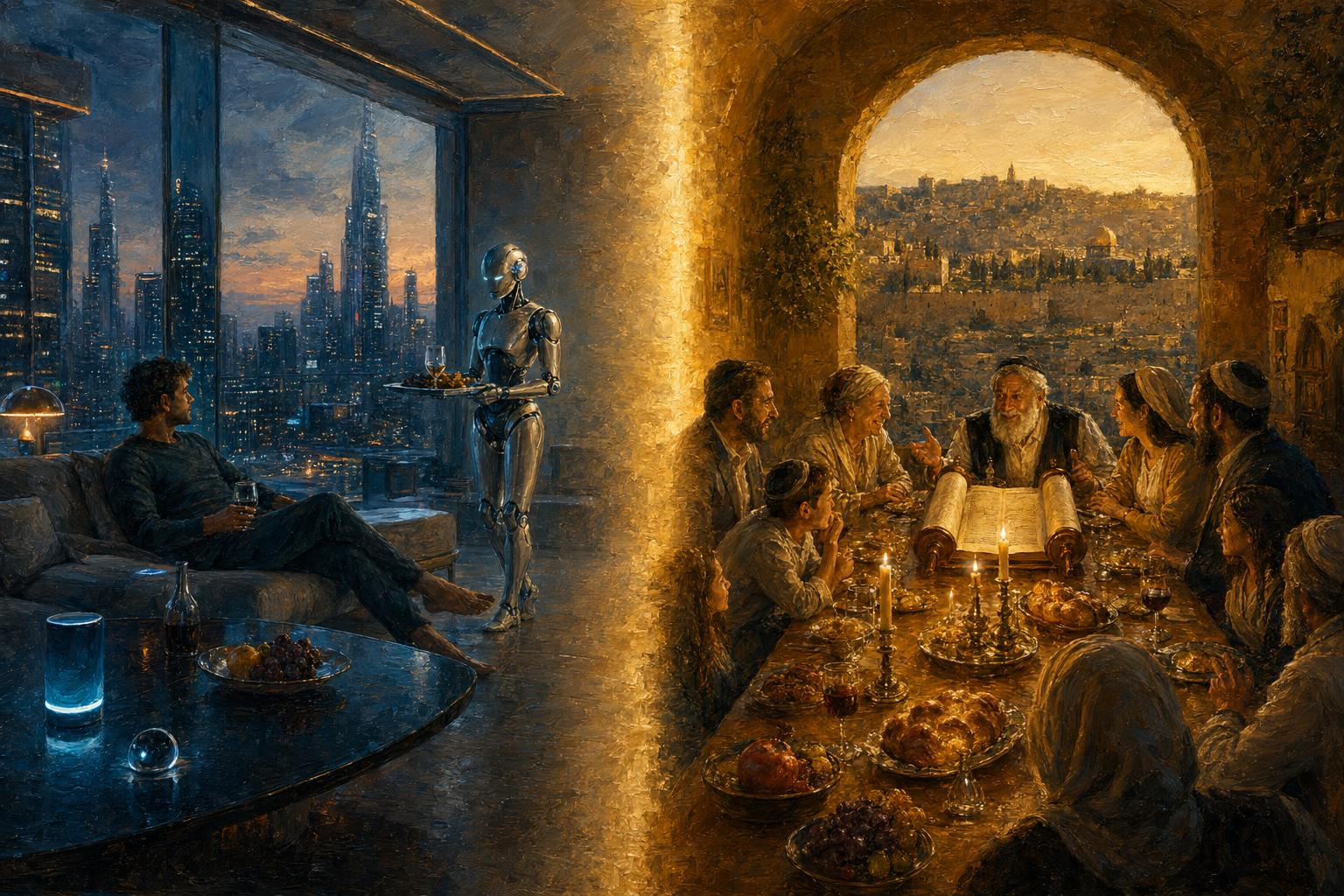 אדם יחיד מקבל שירות מרובוט לצד שולחן שבת רב־דורי