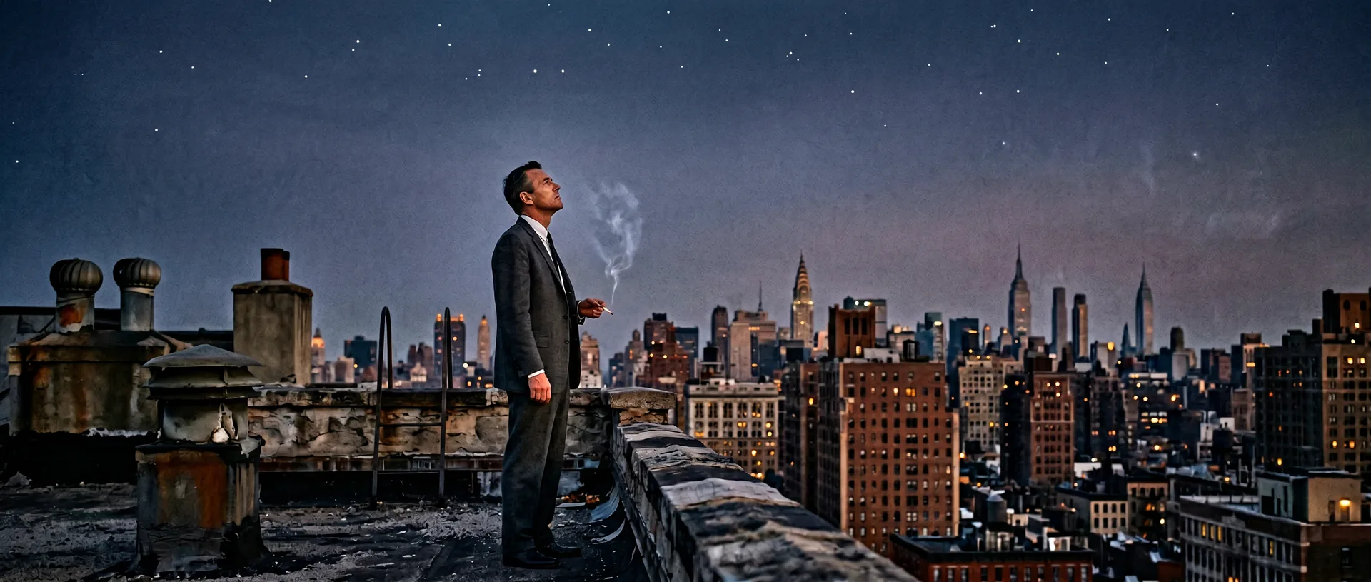 A solitary man on a Manhattan rooftop at dusk in the late 1950s, looking at an emptying sky.