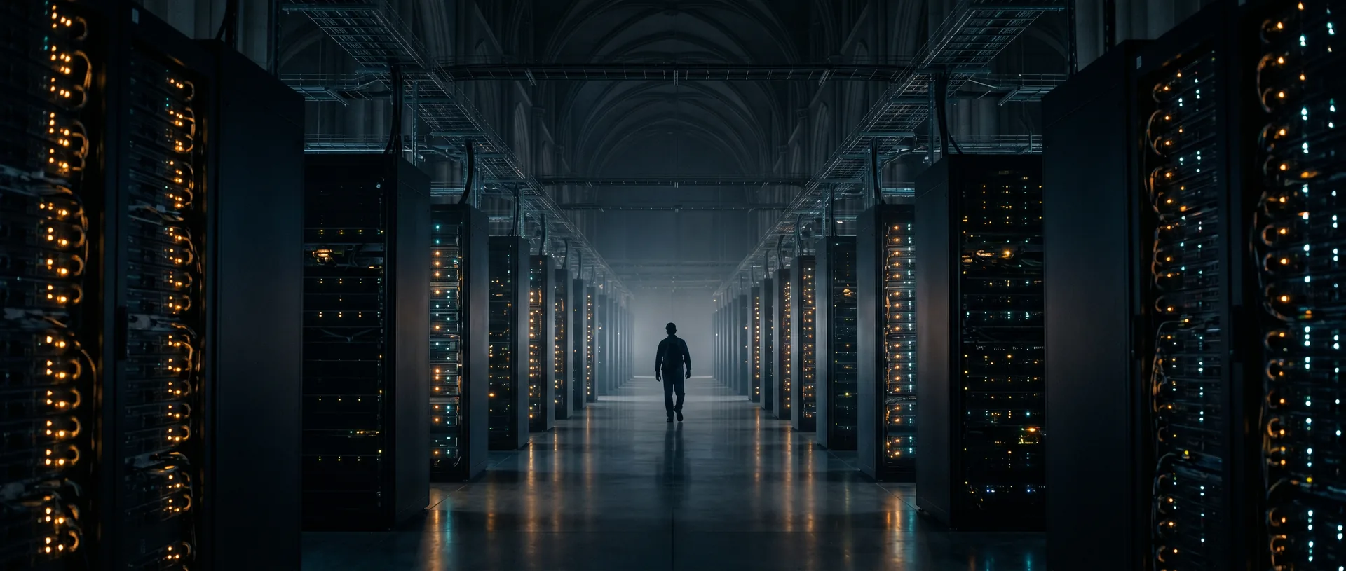 The interior of a hyperscale AI data center, photographed like a cathedral nave.
