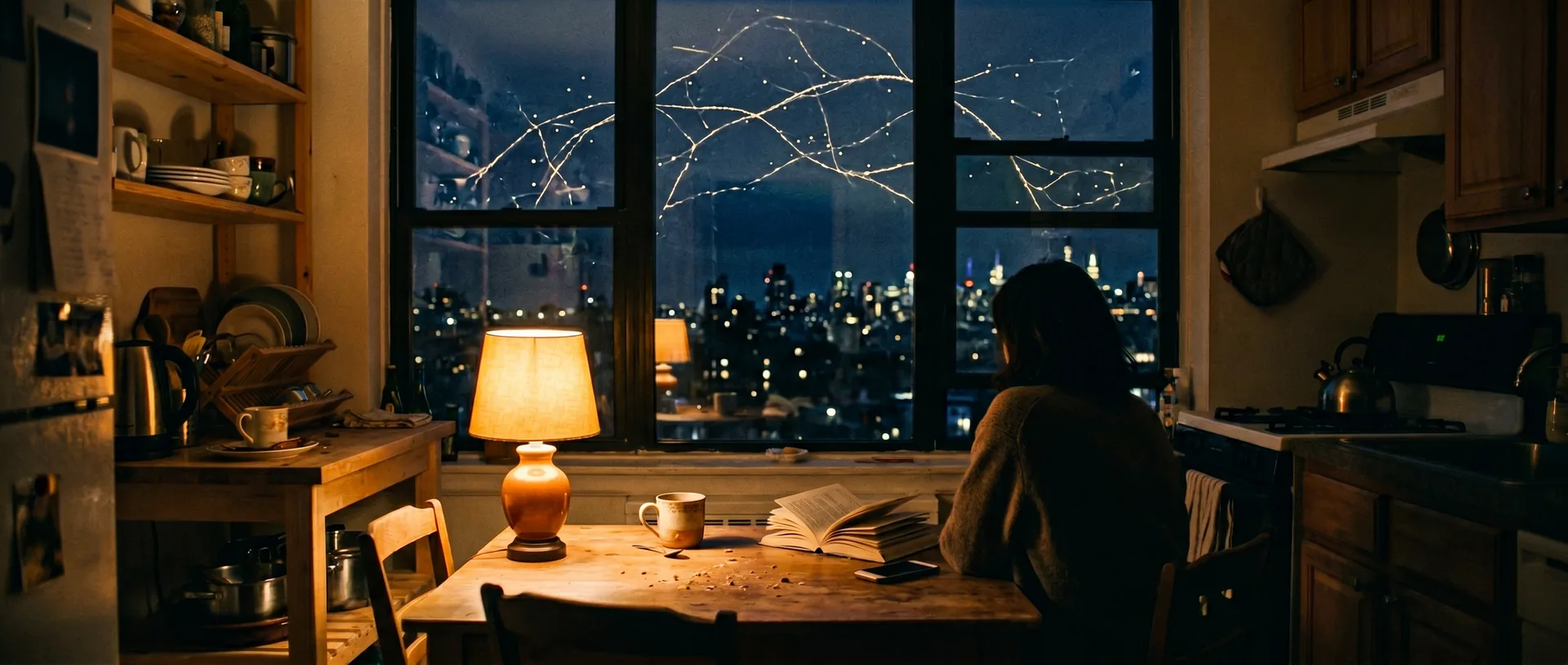A quiet kitchen at night with faint filaments of light across the sky outside the window.
