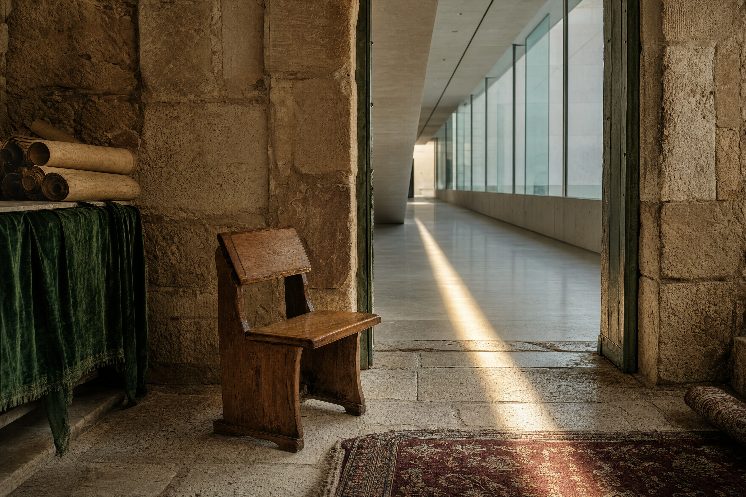 פתח אבן ירושלמי המשקיף אל מסדרון מודרני וכיסא לימוד ריק עומד על הסף